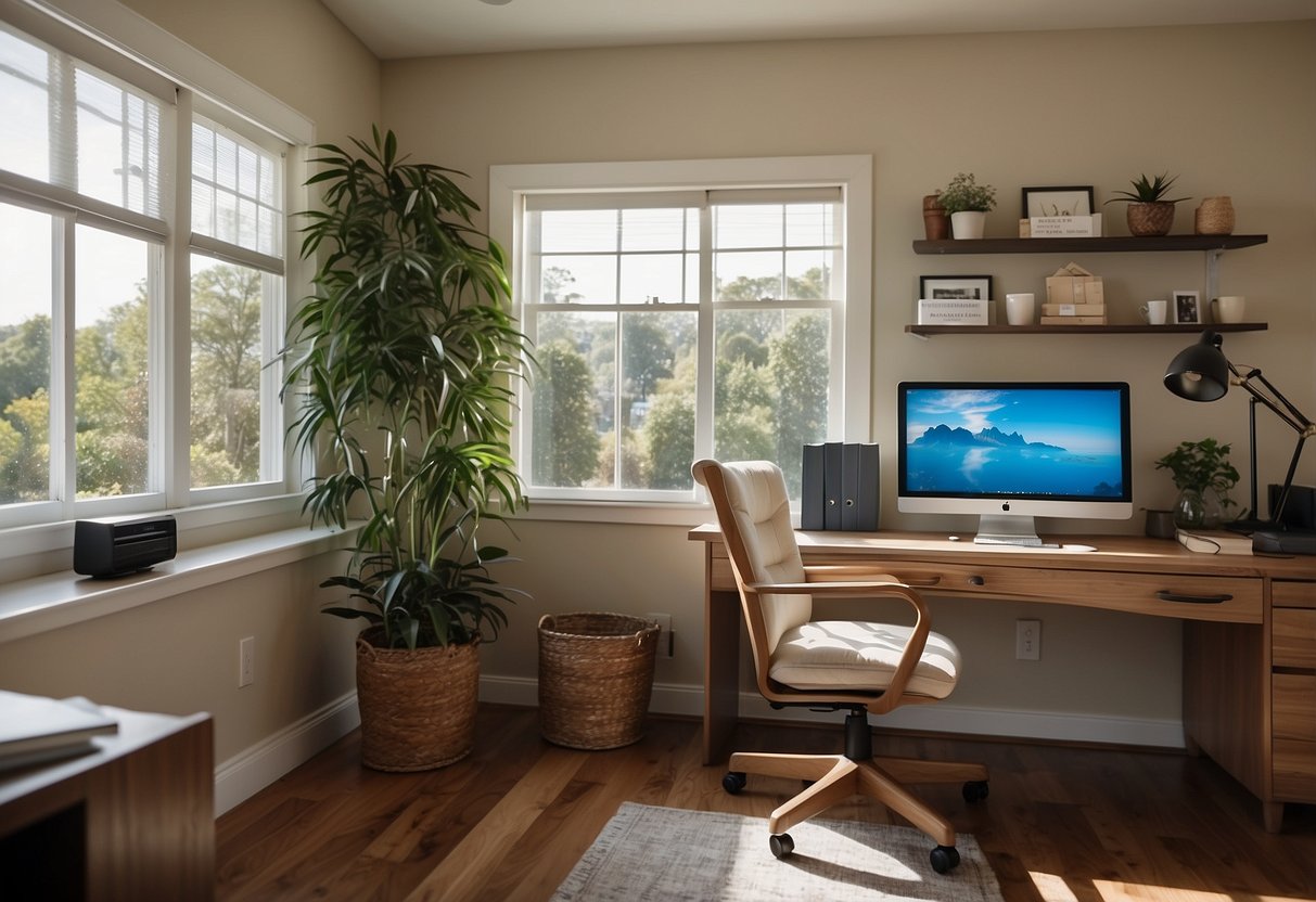 A home office with a computer, desk, and comfortable chair. A calendar on the wall shows upcoming tasks. The room is bright and organized, with a view of a peaceful outdoor setting