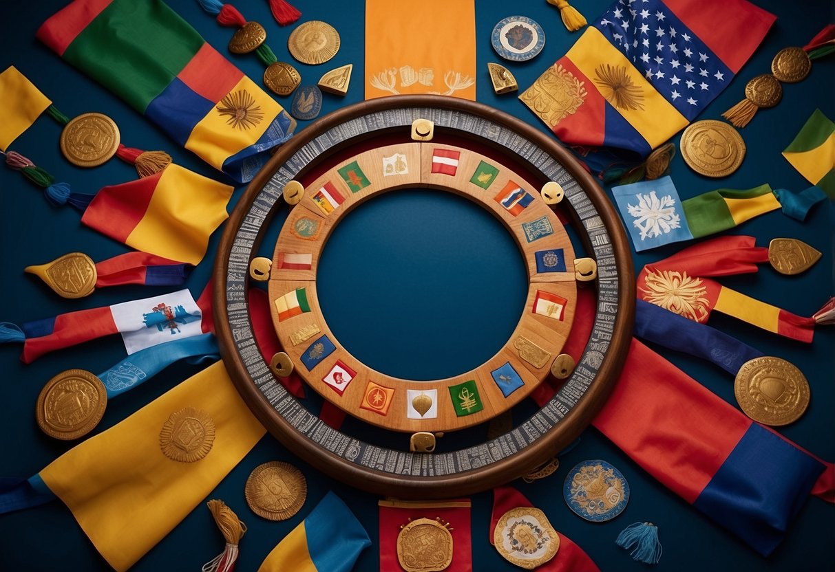 A circle of diverse symbols representing global parenting methods, surrounded by colorful flags and traditional artifacts