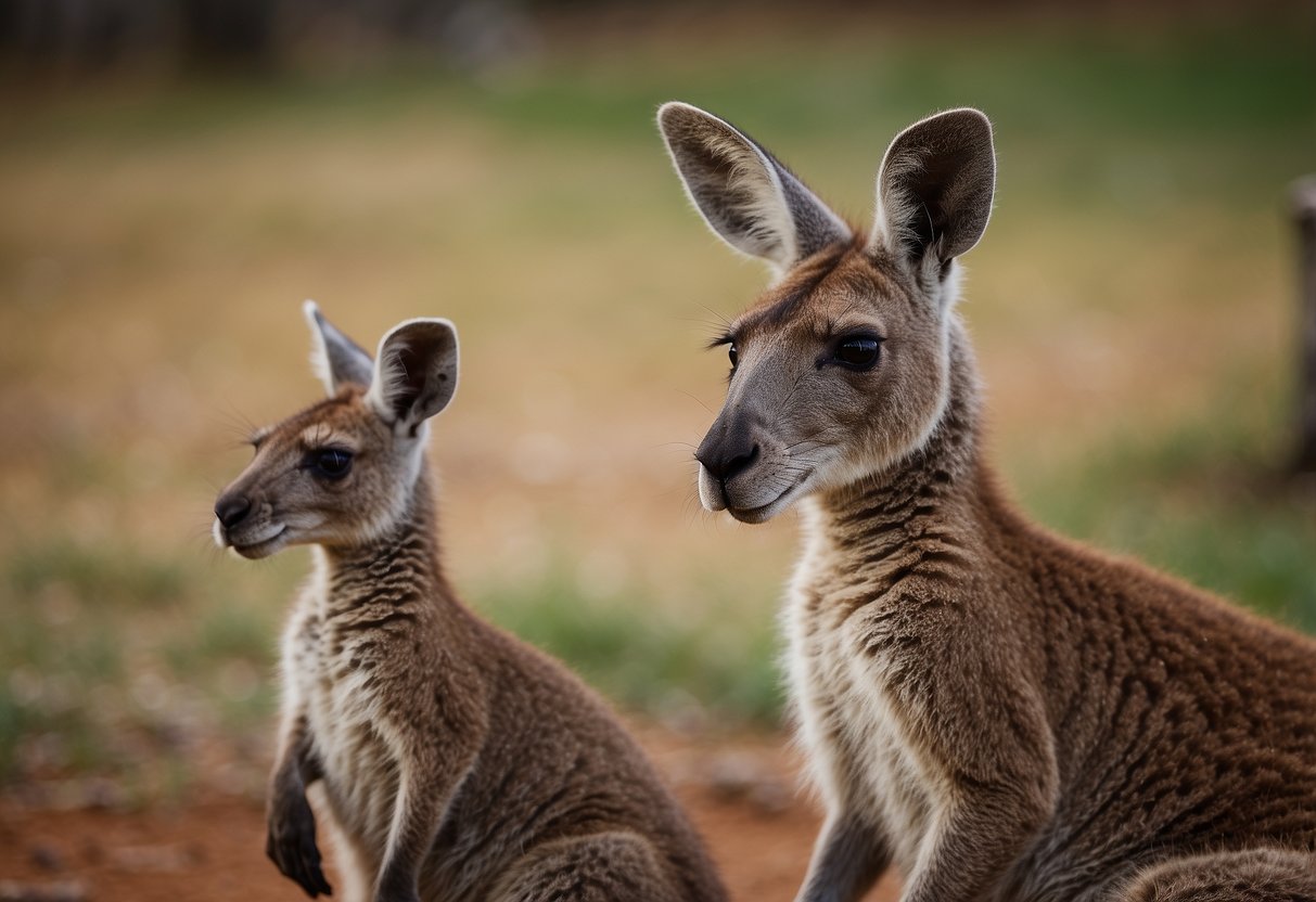 A kangaroo mother holds her baby close, their bodies touching skin to skin, providing warmth and comfort. The mother's pouch is open, revealing the baby nestled safely inside