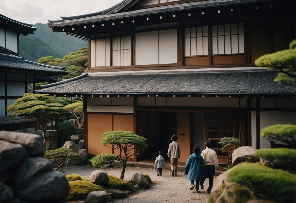 A traditional Japanese house with multiple generations living together, showing different parenting approaches from around the world