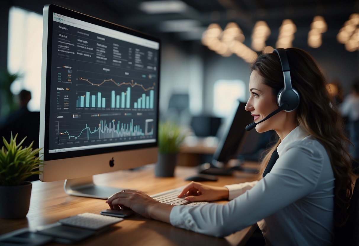 A virtual assistant at a desk, using a computer and phone to connect with clients. A chart on the wall shows client acquisition and retention strategies