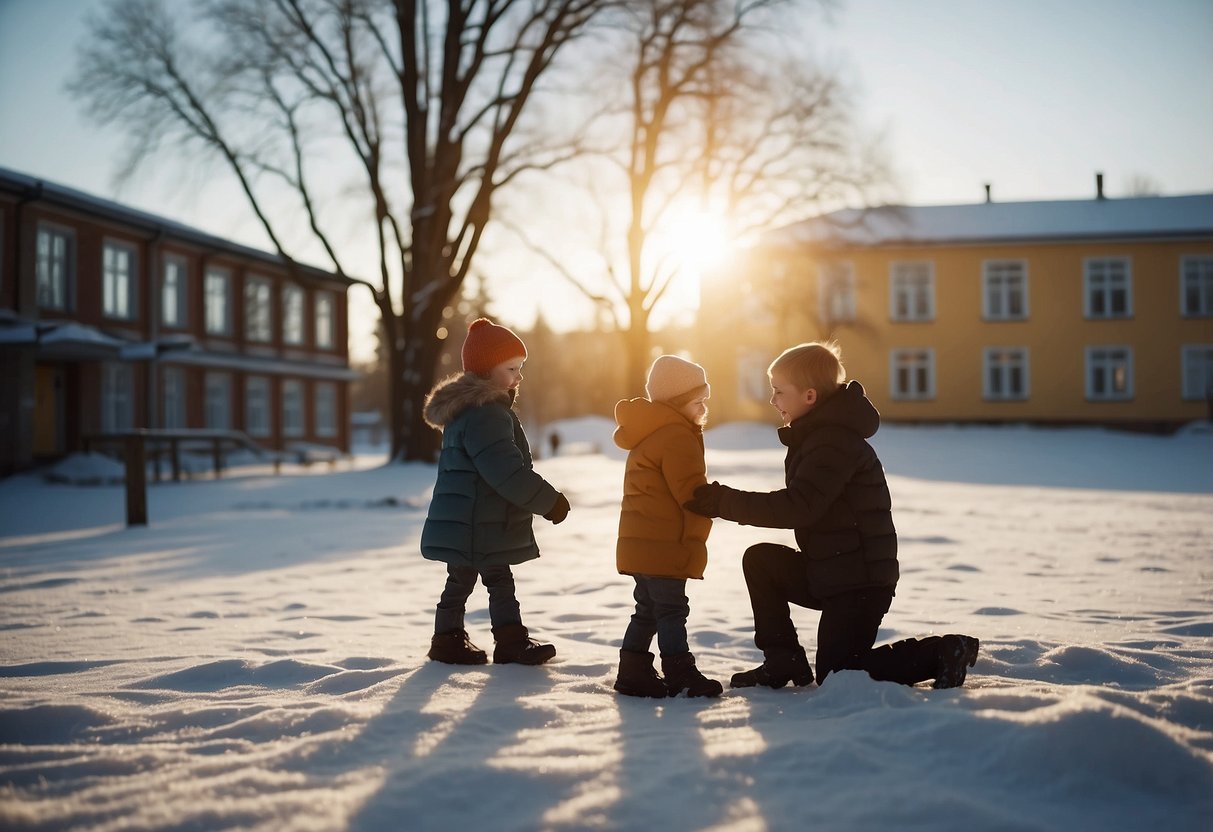 Children playing in the snow as the sun rises behind a cozy Finnish school building, with parents chatting and sipping coffee outside