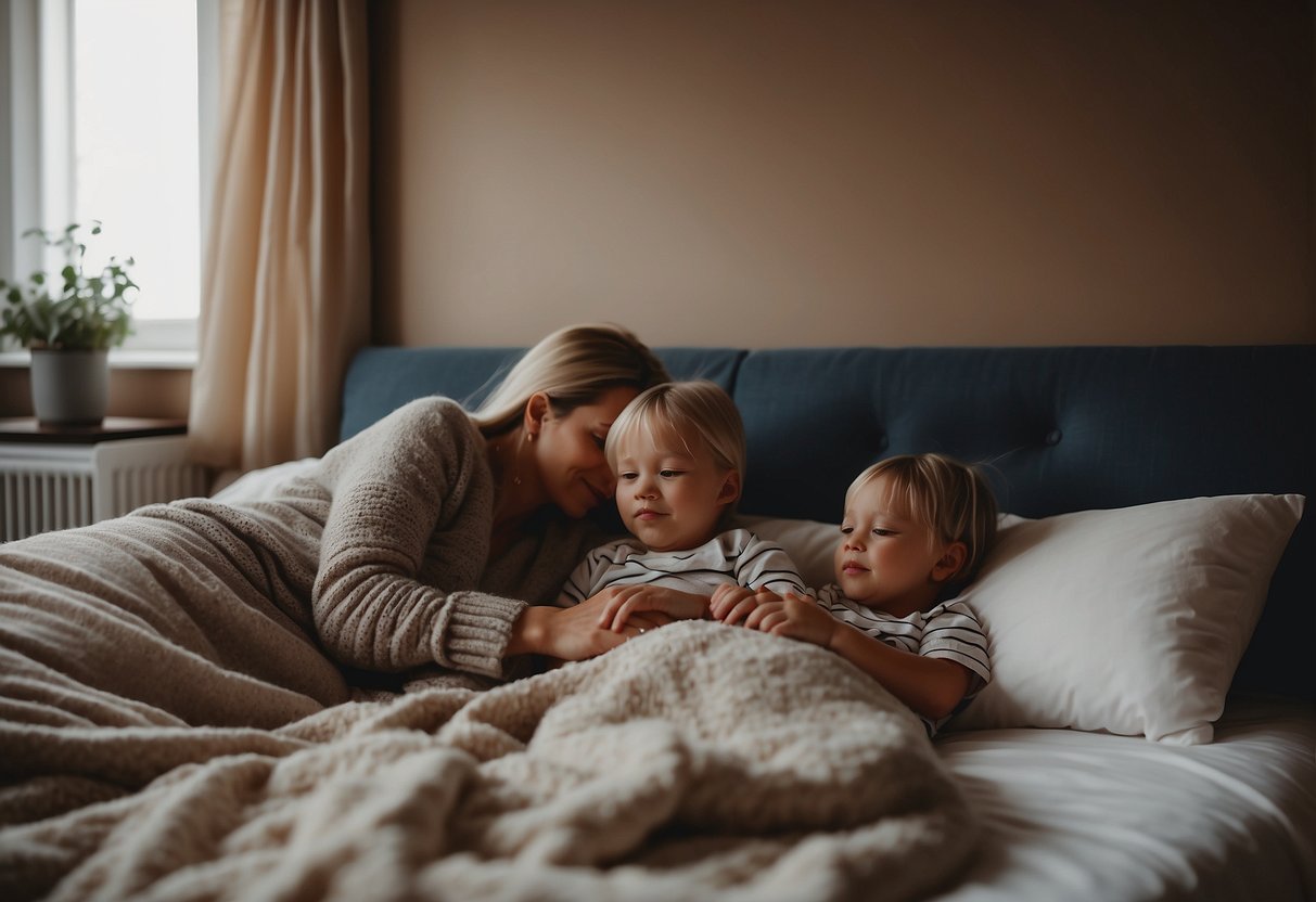 A cozy family bed in Sweden, with parents and children snuggled together, surrounded by soft blankets and pillows