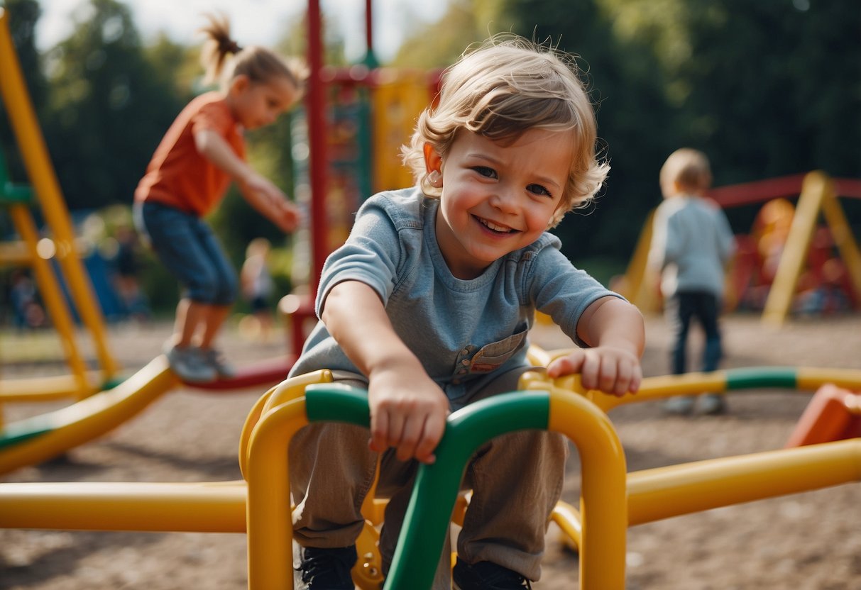 Children playing in a German playground, with unique parenting approaches evident in the background. A mix of traditional and modern play equipment