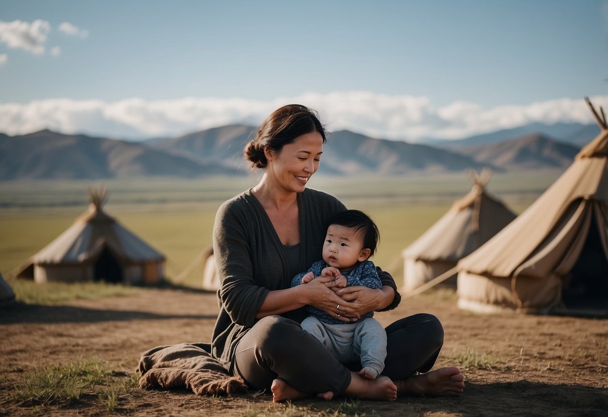 A mother sitting cross-legged on the ground, cradling a toddler in her arms while the child nurses. They are surrounded by the vast Mongolian landscape, with yurts in the distance