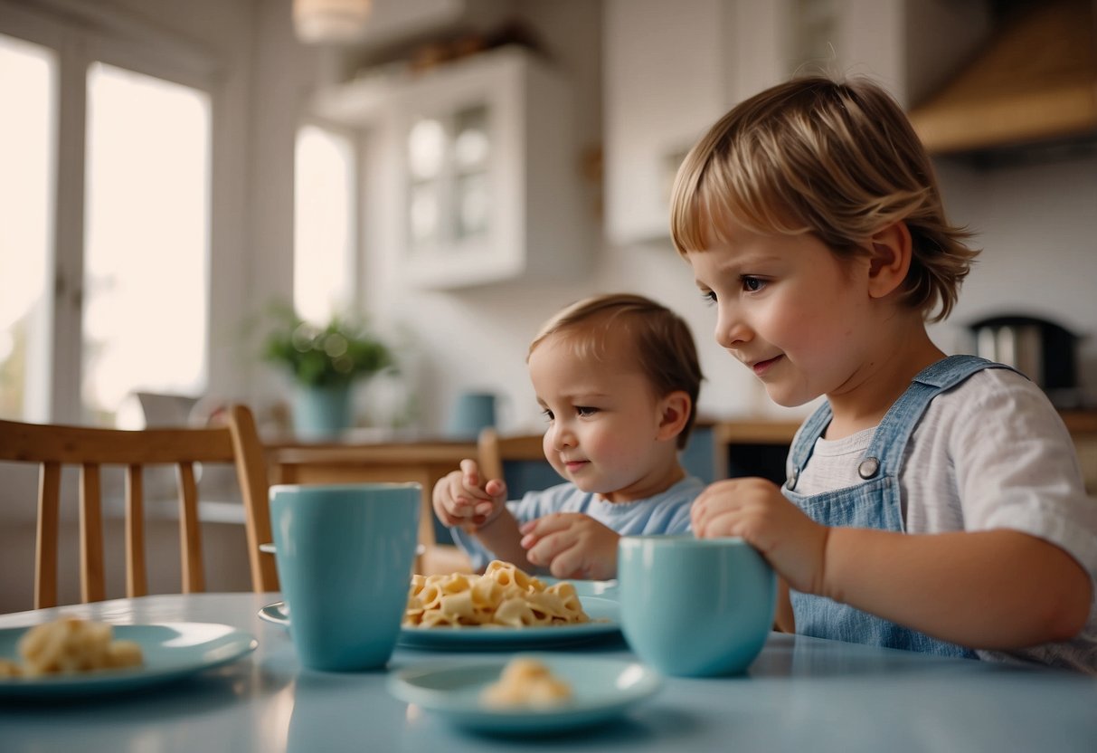 A child in France sets the table independently, using a small stool to reach the dishes. The parent watches from a distance, allowing the child to take on the responsibility