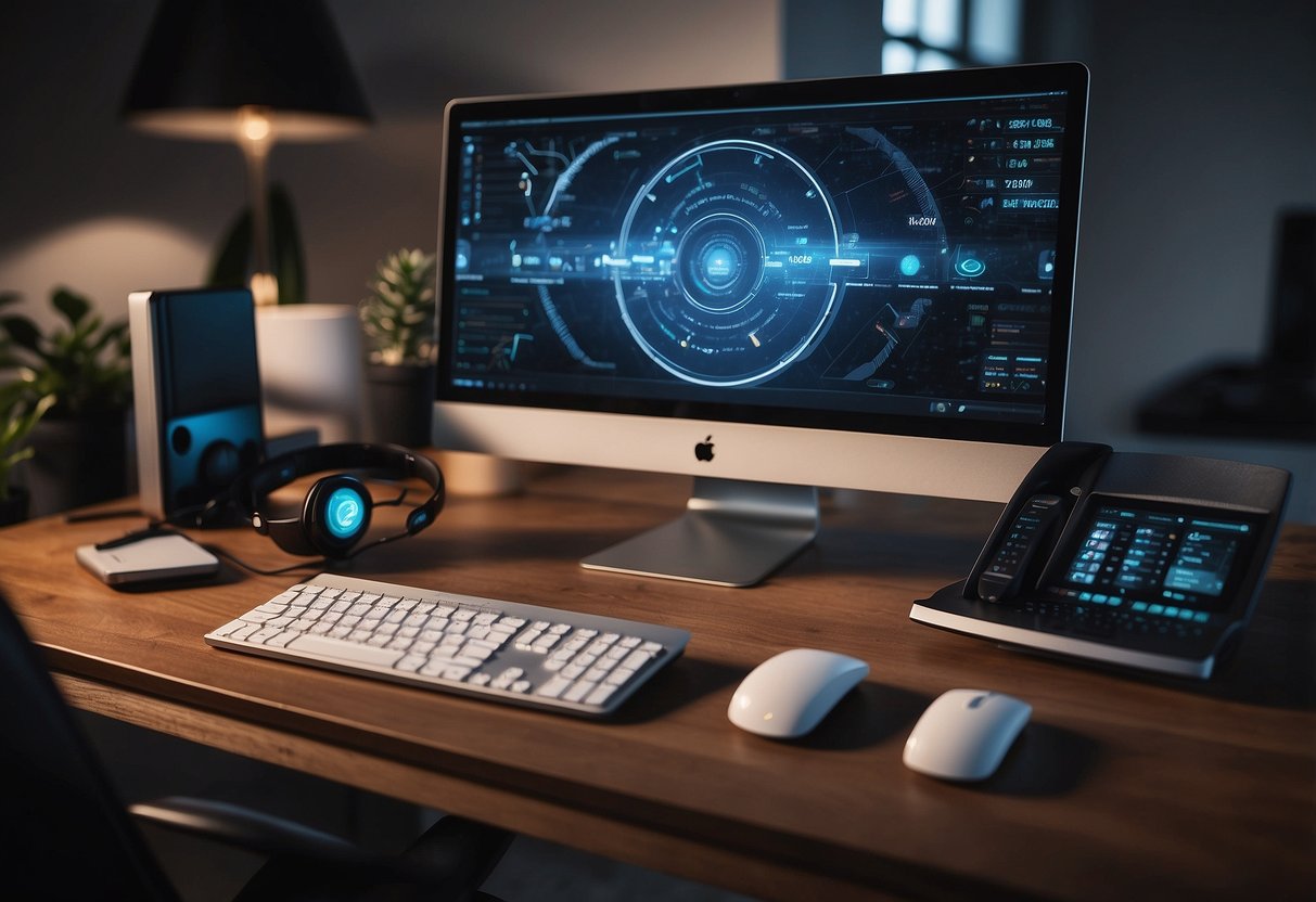 A modern home office with a computer, headset, and organized desk. A virtual assistant working remotely in 2024