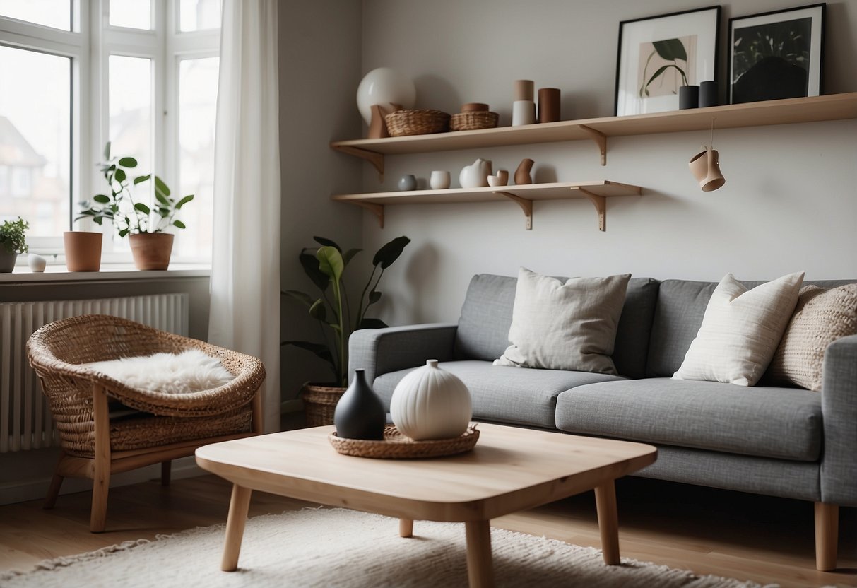 A serene Danish living room with clean lines, neutral colors, and minimal furniture. A shelf holds a few carefully chosen toys, and a cozy reading nook invites quiet bonding time