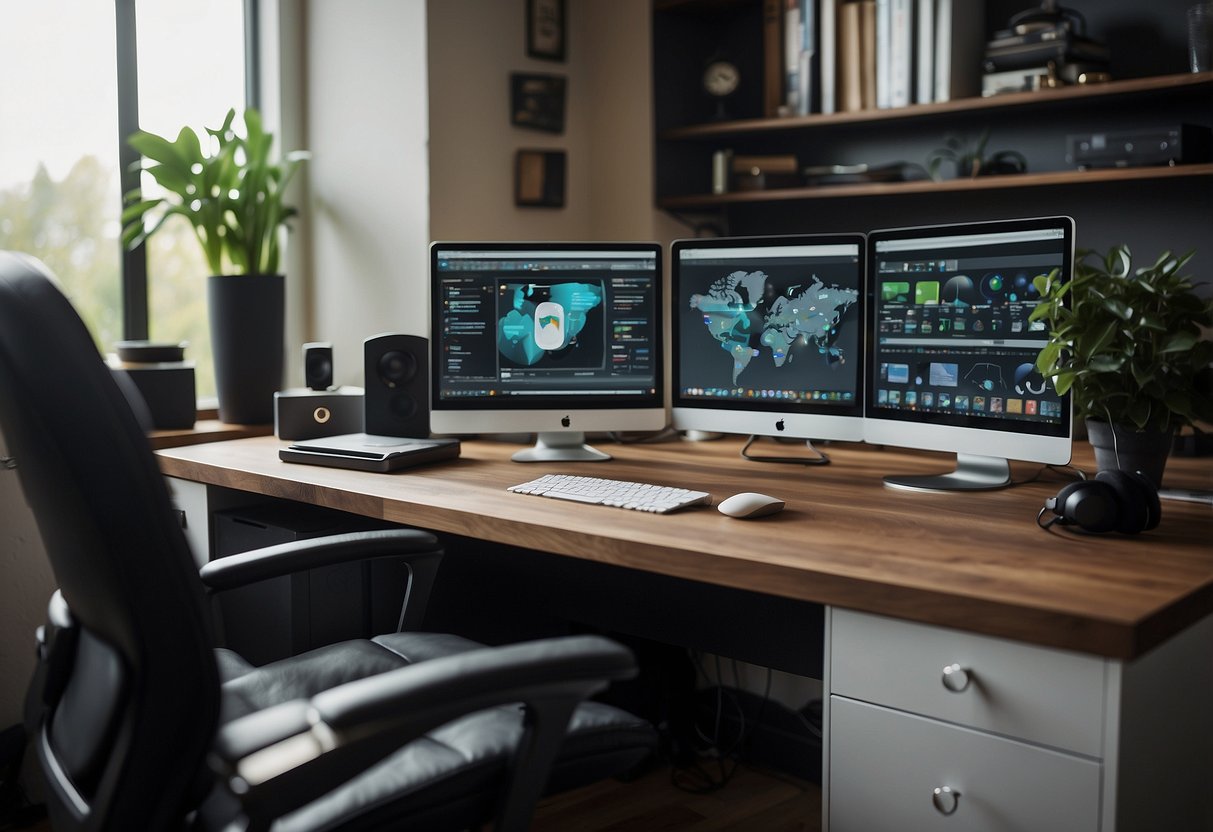 A modern home office setup with a computer, headset, and organized desk. A virtual assistant multitasking on various digital platforms