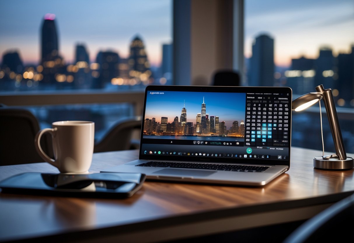 A modern home office with a computer, phone, and calendar on the desk. A virtual assistant logo displayed on the computer screen. A window with city skyline in the background