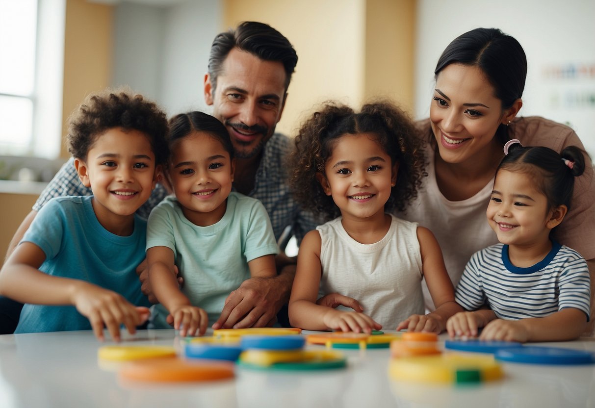 A diverse group of families with different cultural backgrounds practicing unique parenting methods in a modern setting