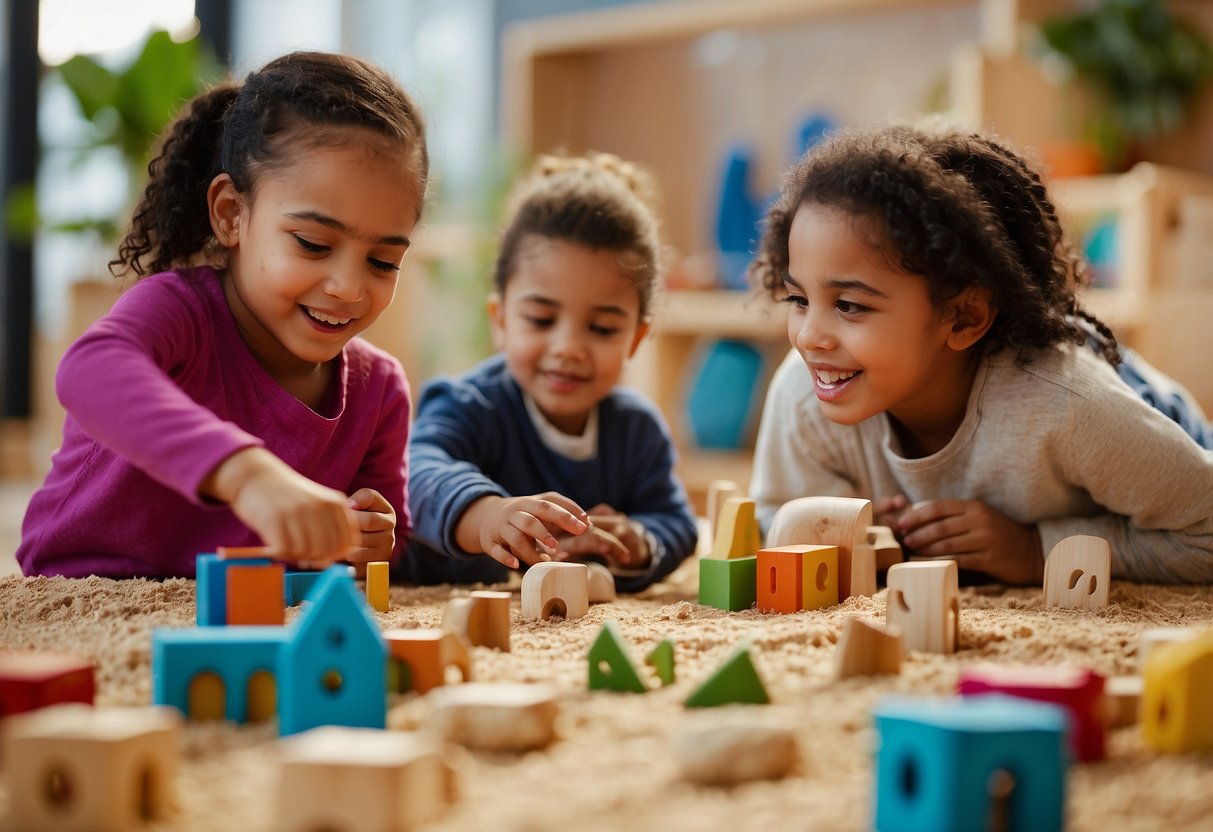 Children explore a colorful, open-ended play space with natural materials and educational toys. Parents from diverse backgrounds observe and engage in interactive, child-led activities