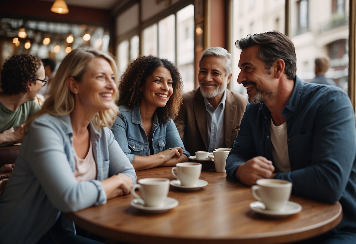 A diverse group of parents gather in a French cafe, discussing the Cadre parenting system and its impact on international parenting styles