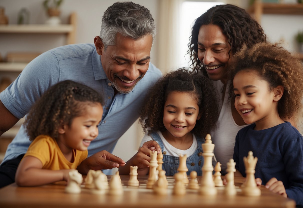 A diverse group of parents practicing different international parenting styles, surrounded by symbols of their cultural traditions and values