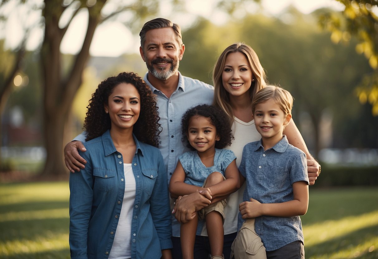 A diverse group of parents engage with their children using different styles, such as authoritative, permissive, and uninvolved, creating various dynamics in the family