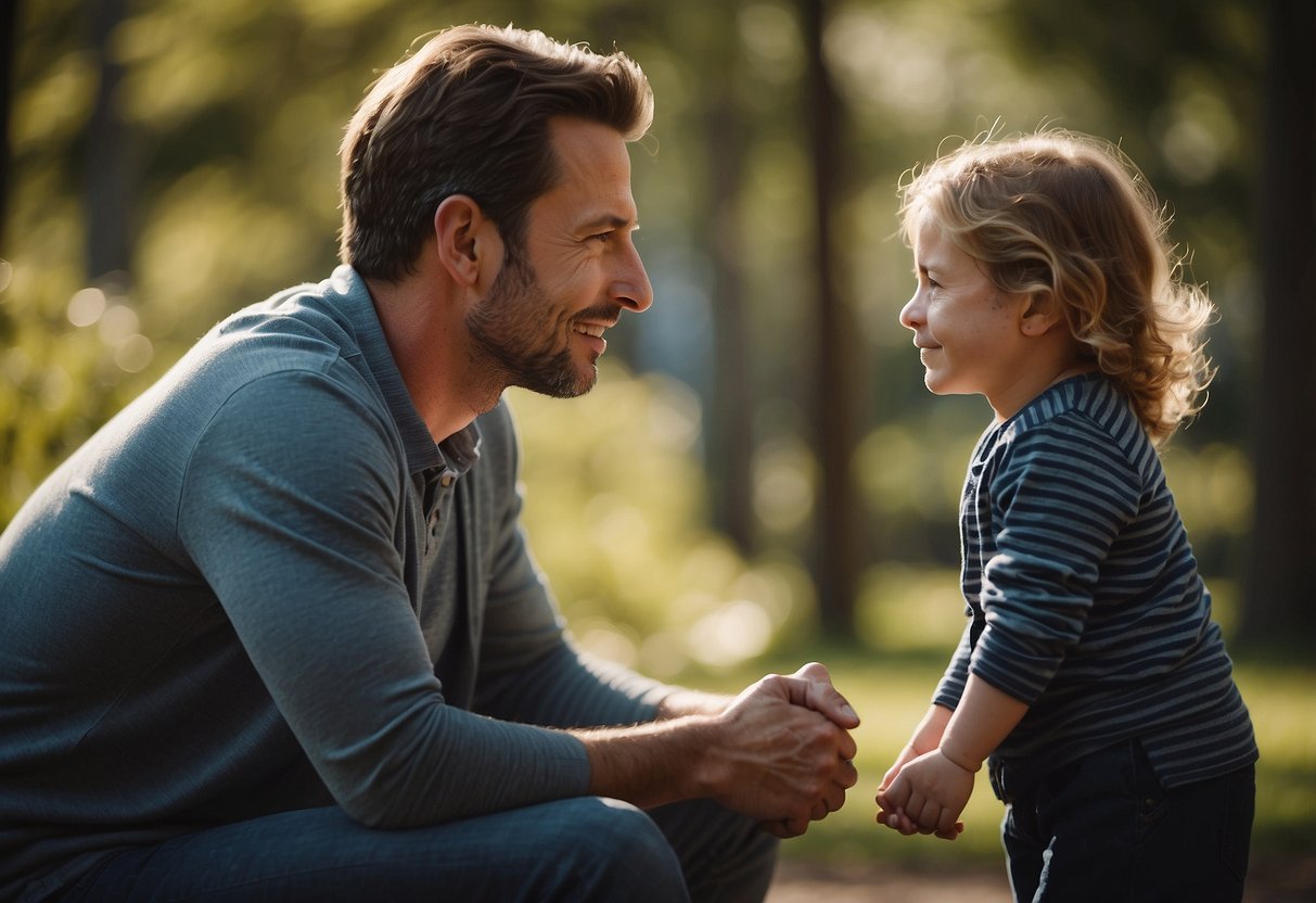 A parent and child engage in deep conversation, with the parent offering guidance and support. The child's body language shows signs of comfort and trust