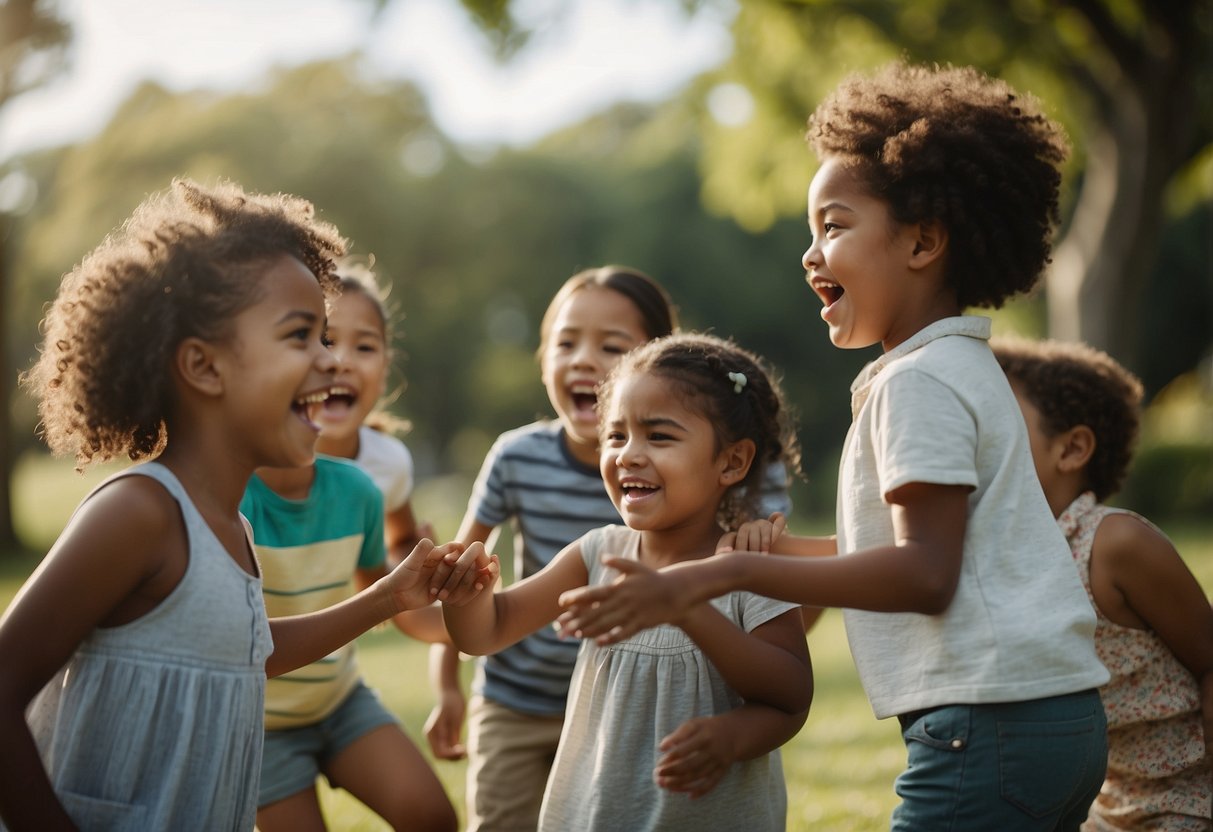 A diverse group of children playing and interacting, some looking happy and engaged, while others appear withdrawn and disengaged, illustrating the impact of different parenting styles on children's behavior and emotions