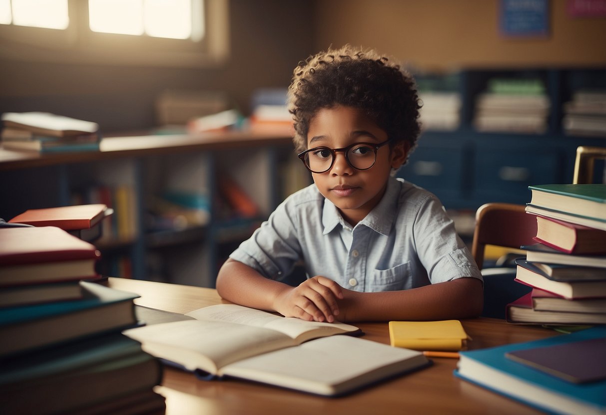 A child sitting at a desk, surrounded by books and school supplies, with a look of determination and focus on their face. The room is quiet and organized, providing a conducive environment for studying