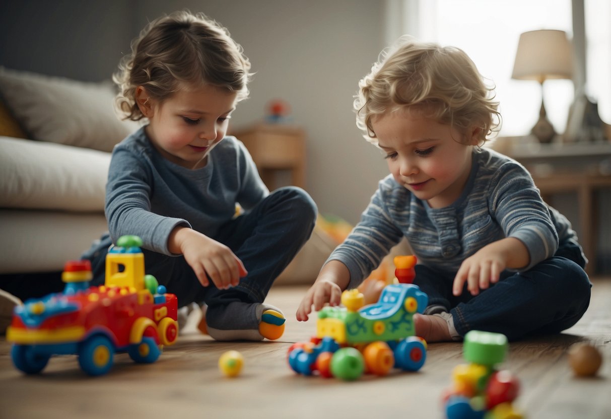 A child calmly playing with toys while a parent gently guides them through a challenging situation, showing empathy and understanding