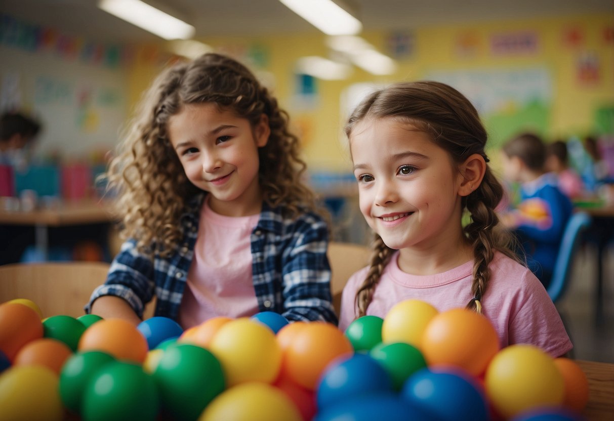 Children playing peacefully in a well-organized and colorful classroom, showing respect and cooperation. The environment is nurturing and supportive, promoting positive behavior