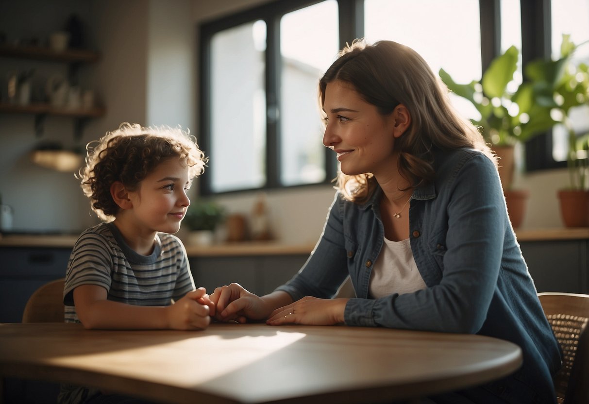 A serene parent calmly guides a child through a challenging task, demonstrating patience and understanding. The child appears relaxed and engaged, showing signs of trust and security