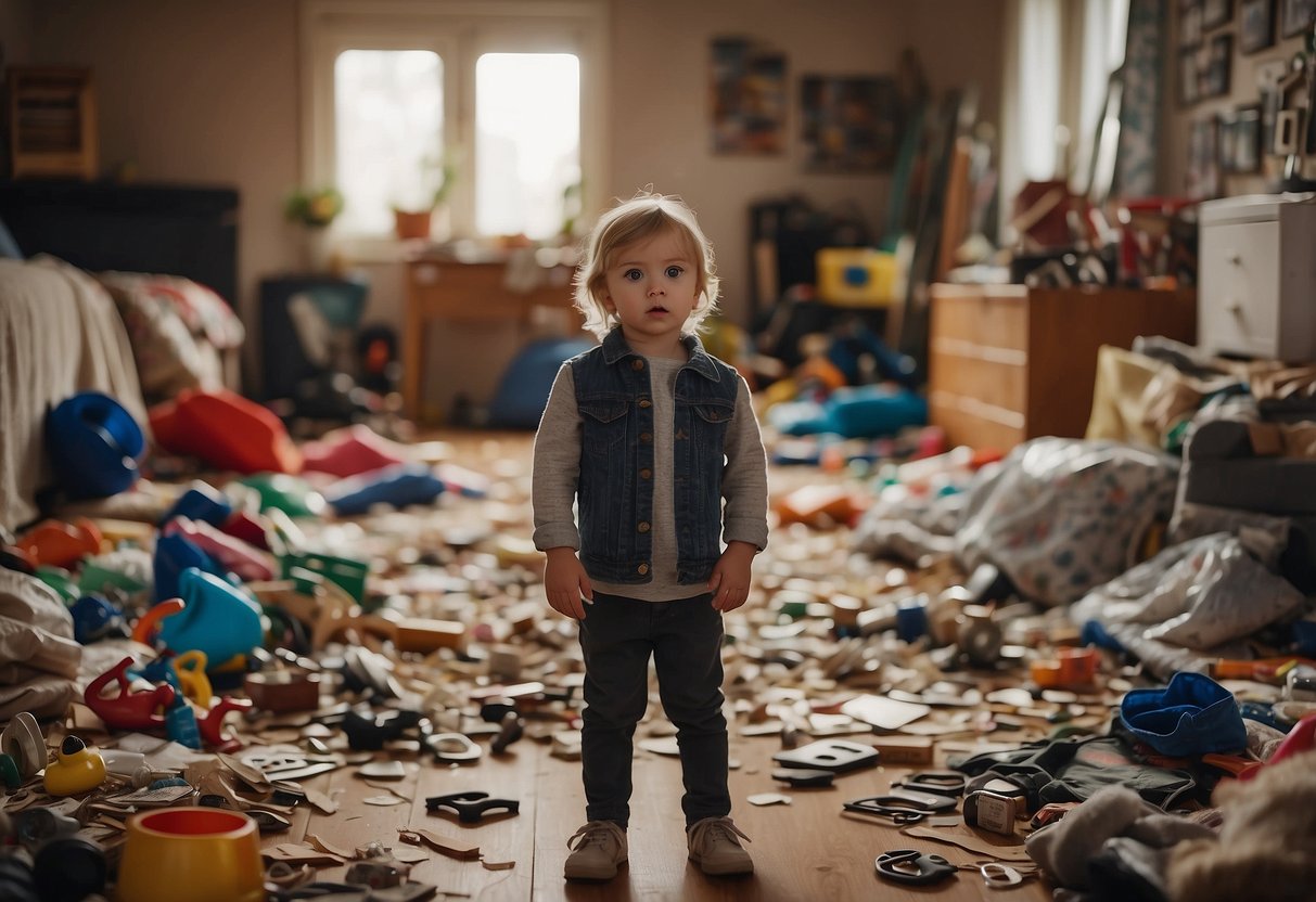 A child standing in the middle of a chaotic and cluttered room, with conflicting parenting styles represented by different objects and symbols around them