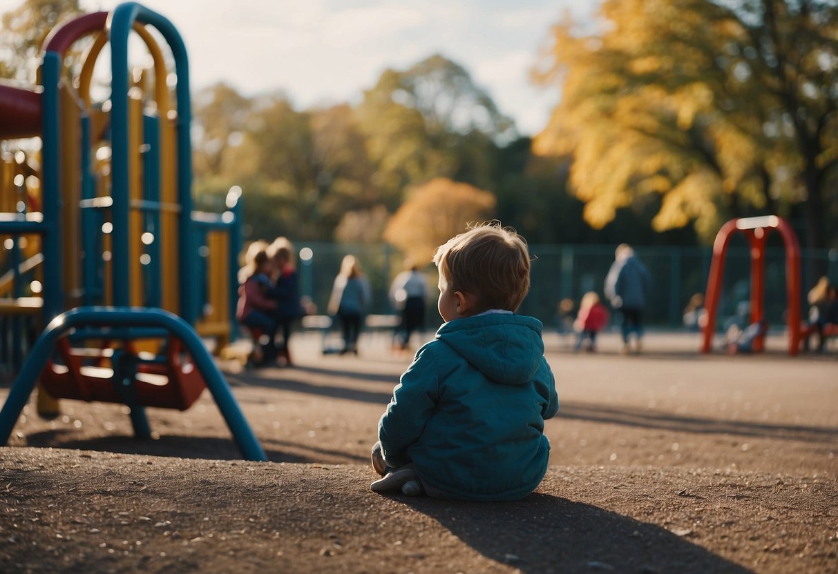 A child sits alone on a playground, while a parent looks at their phone, oblivious to the child's need for attention and emotional support