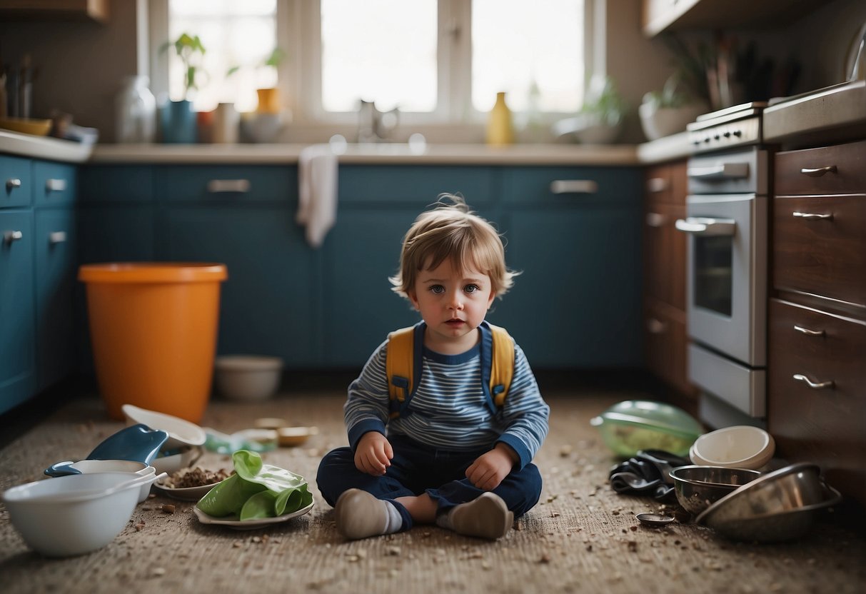 A child sits alone on the floor, surrounded by clutter and dirty dishes. The parent is absent, lost in their own world