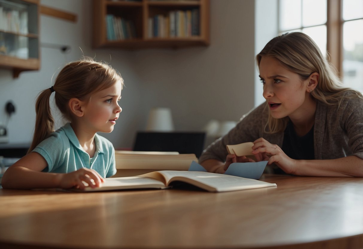 Parents argue over parenting books, while children play unsupervised. One parent scolds a child, while another tries to reason with a tantrum