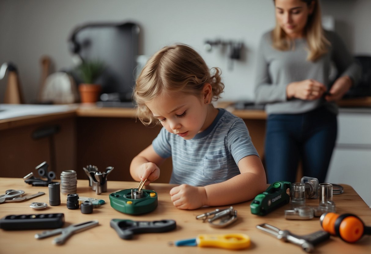 A child surrounded by various measuring tools and a checklist, while their parent watches anxiously, adjusting and straightening everything in sight