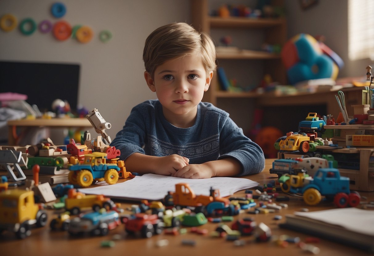 A child sits at a messy desk, surrounded by scattered toys and unfinished homework. A parent stands nearby, alternating between strict reprimands and overly permissive gestures