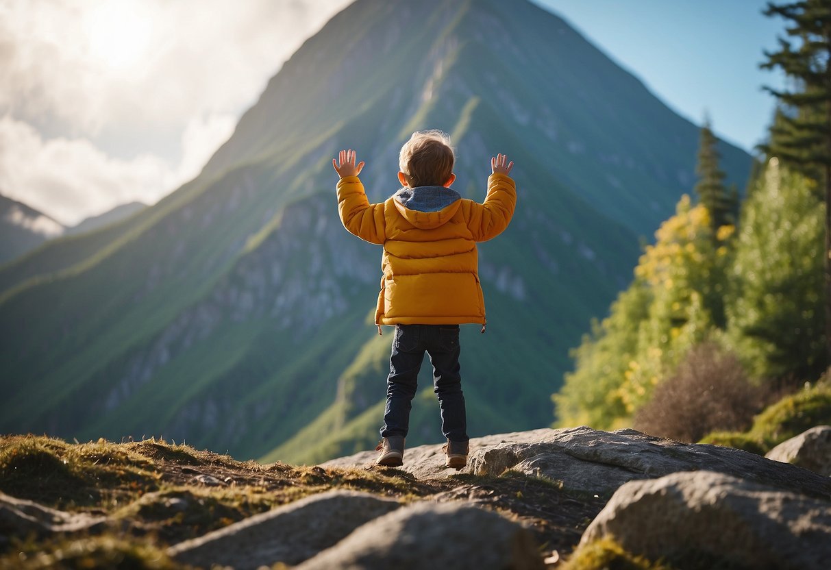 A towering mountain with a child struggling to climb it, while parents stand at the base, pointing and shouting conflicting instructions