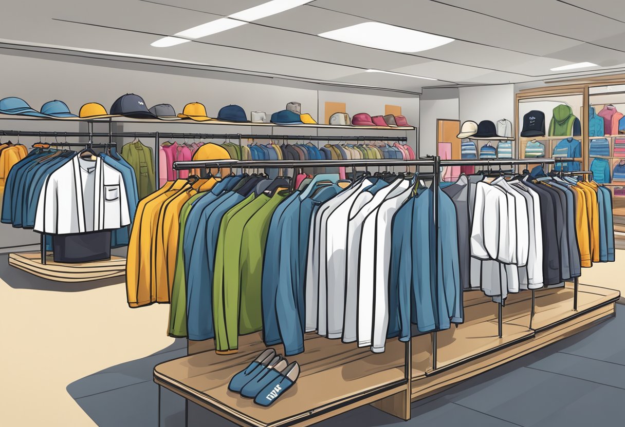 A clothing rack displays branded shirts, hats, and jackets in a well-lit store