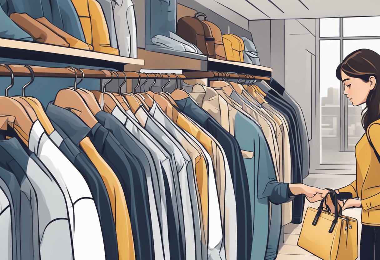 A hand reaches for a rack of branded clothing items, carefully inspecting each one before selecting the right pieces