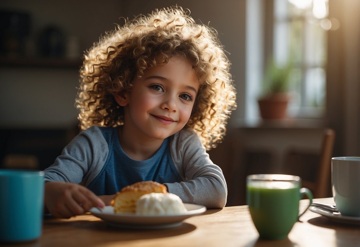 A child's daily routine: waking up, eating breakfast, going to school, playing with friends, doing homework, having dinner, and going to bed