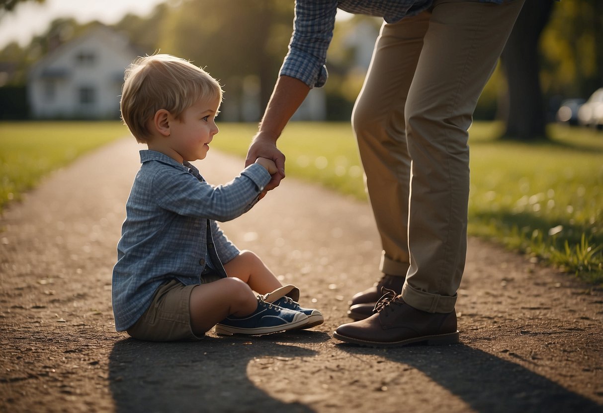 A child confidently ties their own shoes, while a parent watches proudly from a distance, allowing the child to take the lead