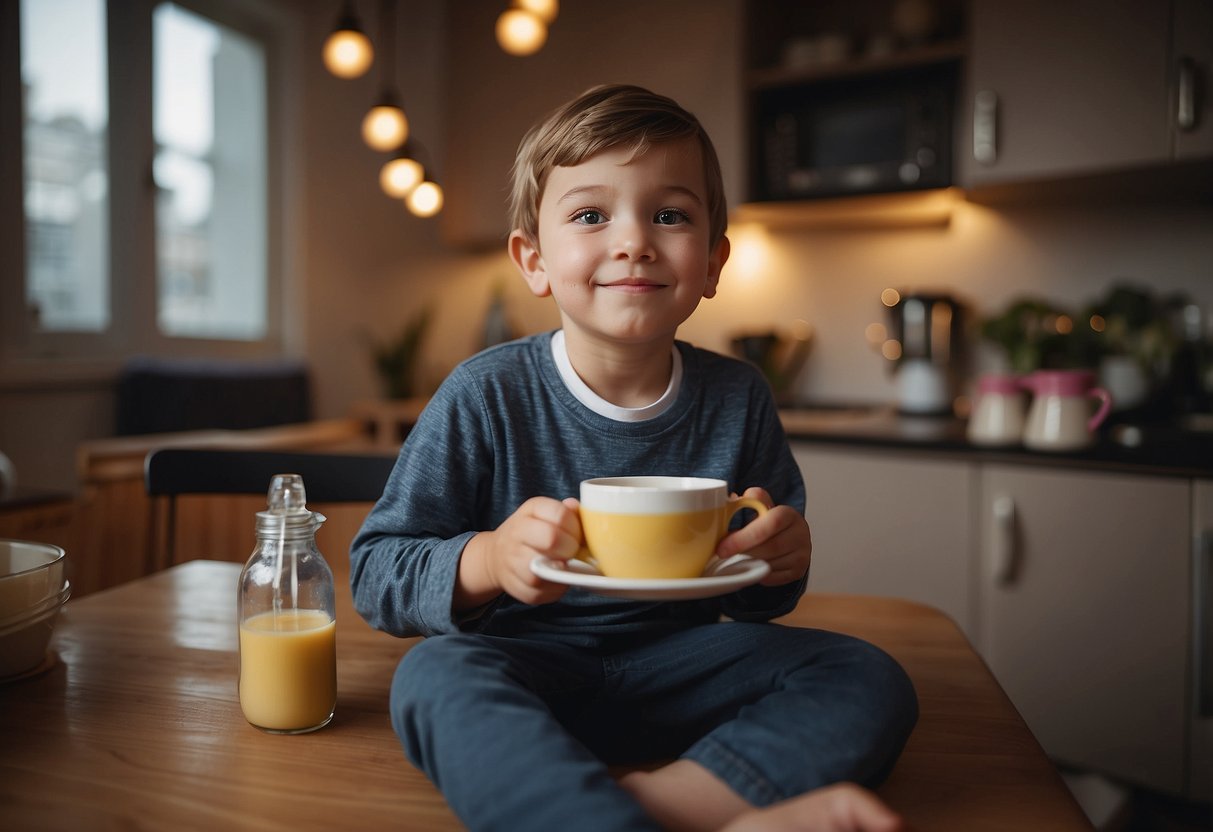 A child's daily routine unfolds: waking up, eating breakfast, going to school, playing, doing homework, eating dinner, and getting ready for bed