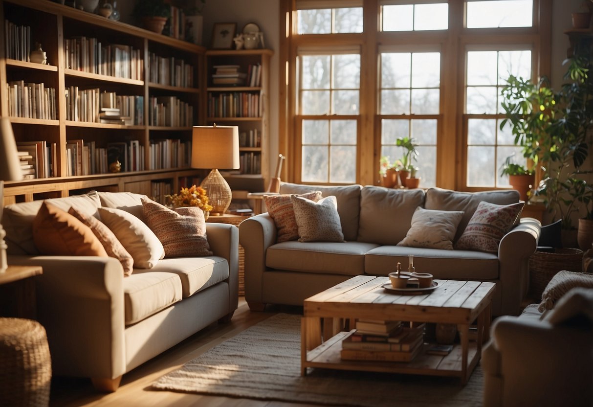 A warm, inviting living room with cozy furniture, colorful decorations, and shelves filled with books and toys. Sunlight streams in through the windows, casting a cheerful glow on the space