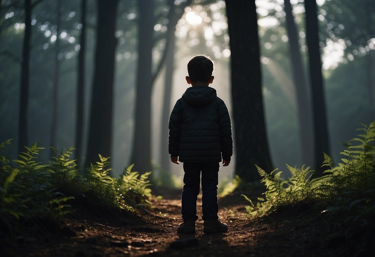 A child's shadow cowers under a looming, dark cloud while surrounded by towering, rigid trees. The atmosphere is heavy and tense, reflecting the long-term effects of different parenting styles on children