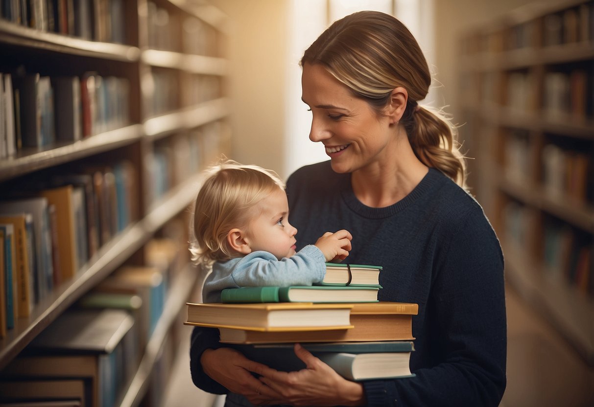 Children excel under authoritative parenting, depicted by a nurturing figure guiding a child through various academic activities, surrounded by books and educational materials