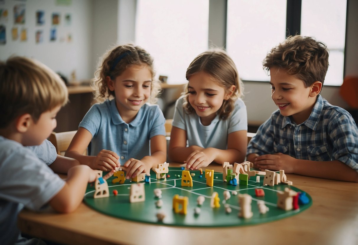 A group of children engaged in various activities, such as problem-solving games, sharing, and expressing their emotions in a supportive and nurturing environment