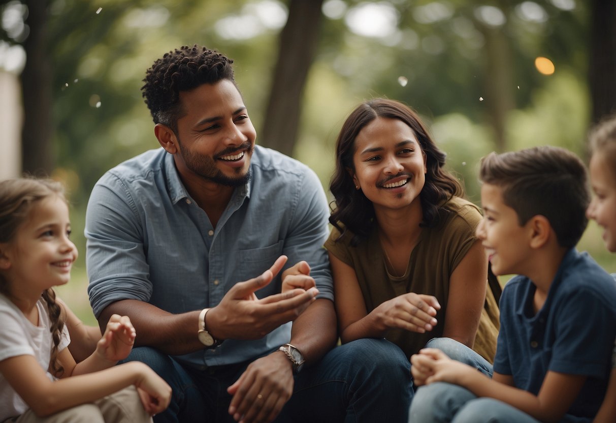 A group of children and adults engage in open and honest conversation, expressing their thoughts and feelings in a supportive and nurturing environment