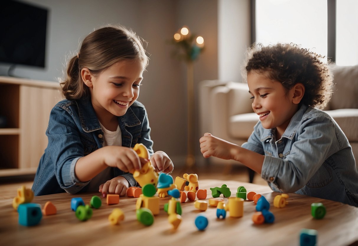 Children playing together, sharing toys, and taking turns. A parent guiding a child through conflict resolution. Another parent modeling empathy and kindness