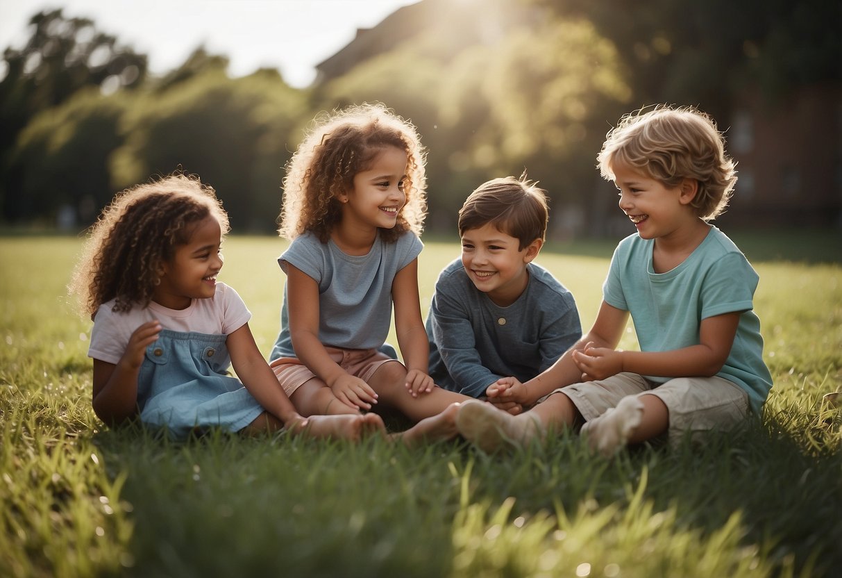 A group of children playing together, taking turns, and showing kindness towards each other. They are engaged in activities that promote empathy and social skills