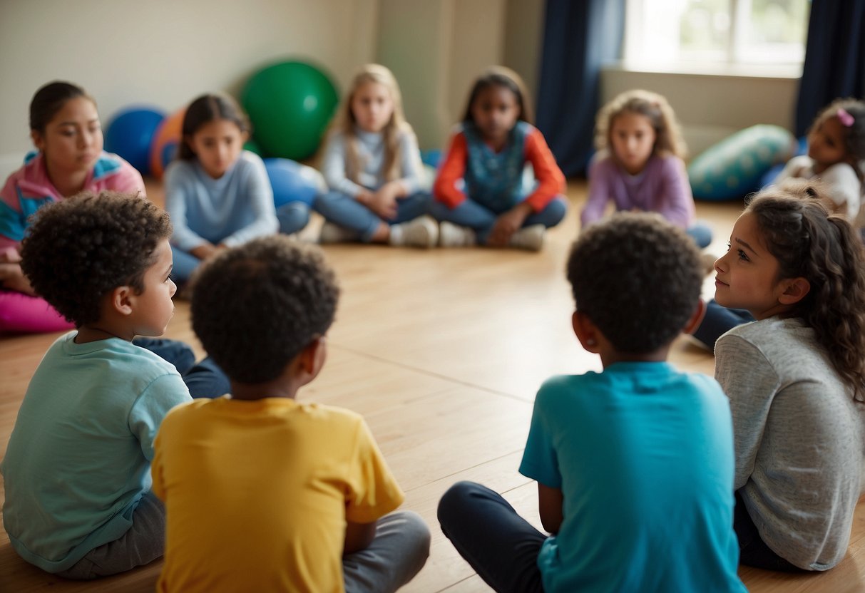 A group of children sit in a circle, listening attentively as an adult guides them through a conflict resolution activity. They are engaged and eager to learn, demonstrating improved social skills