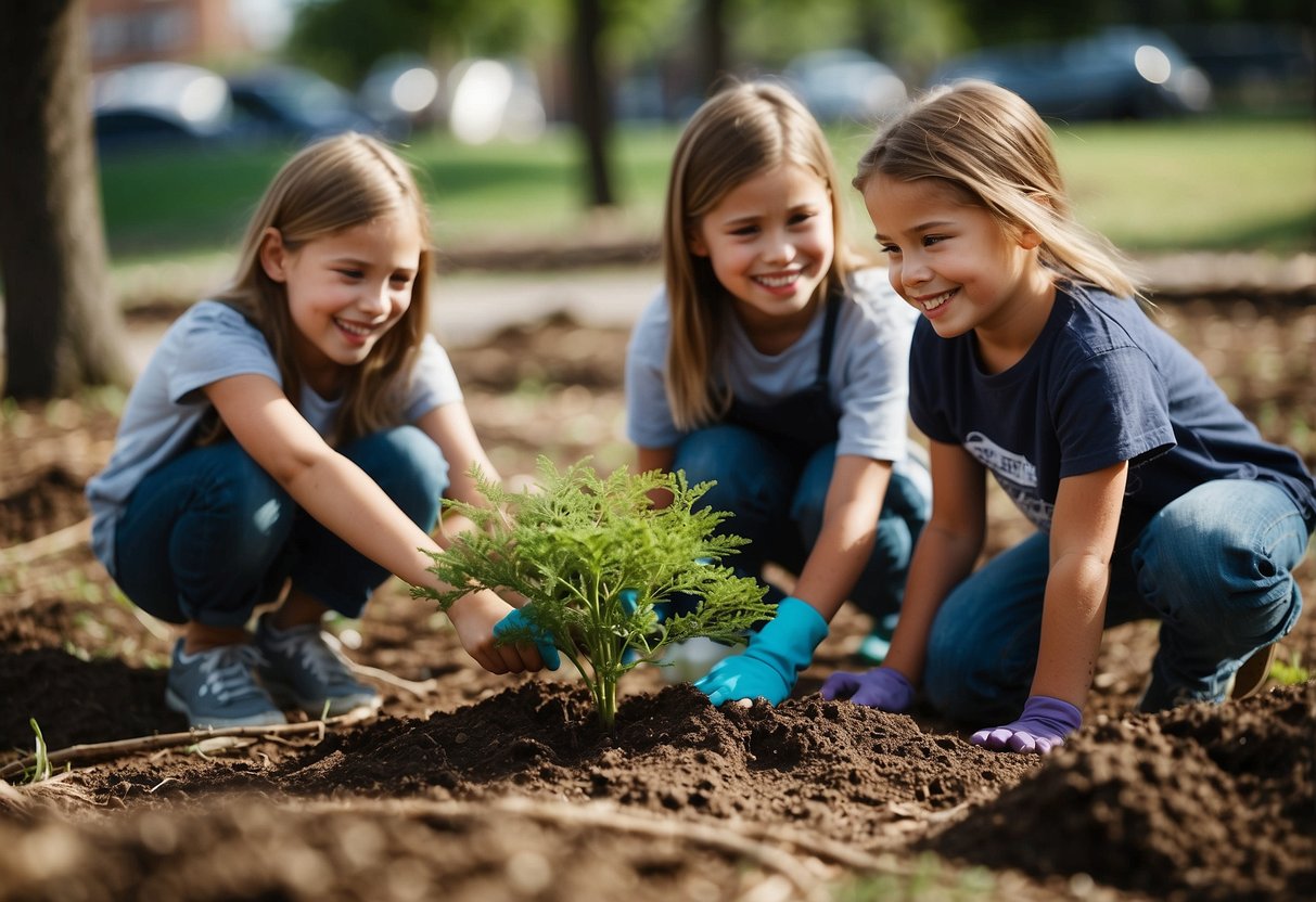 Children planting trees, cleaning up a park, and helping at a food bank with smiling faces