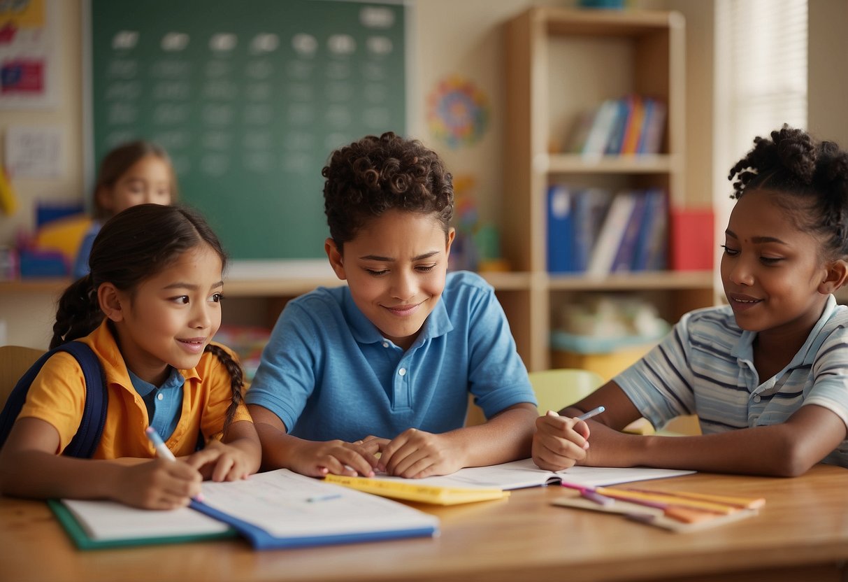 Children sitting at a desk with books and school supplies, a clock on the wall, and a calendar with scheduled activities. A parent overseeing and guiding the child's study routine