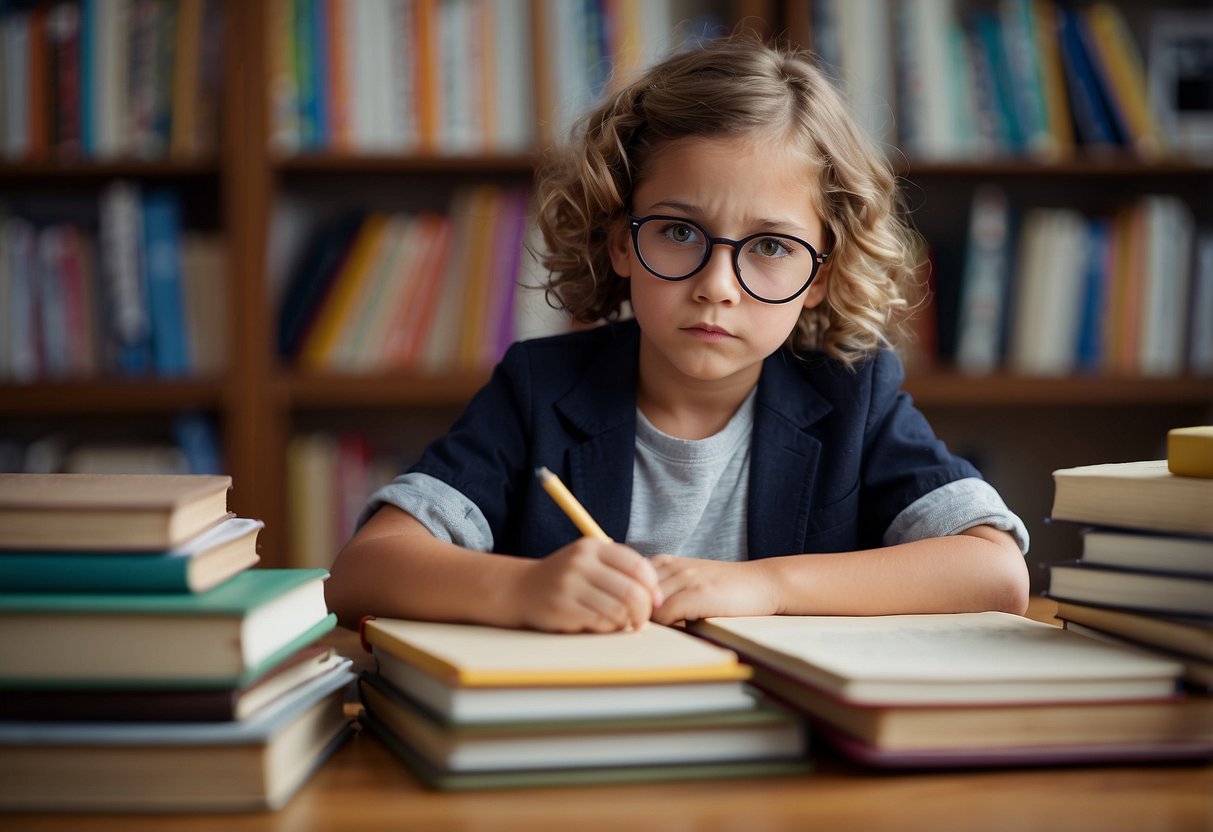 A child sitting at a desk, surrounded by books and school supplies, with a thoughtful expression on their face as they work through a challenging problem