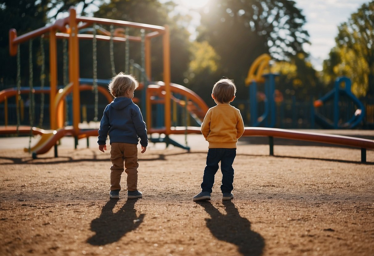 A child confidently explores a playground while a parent watches from a distance, allowing the child to take risks and make decisions independently