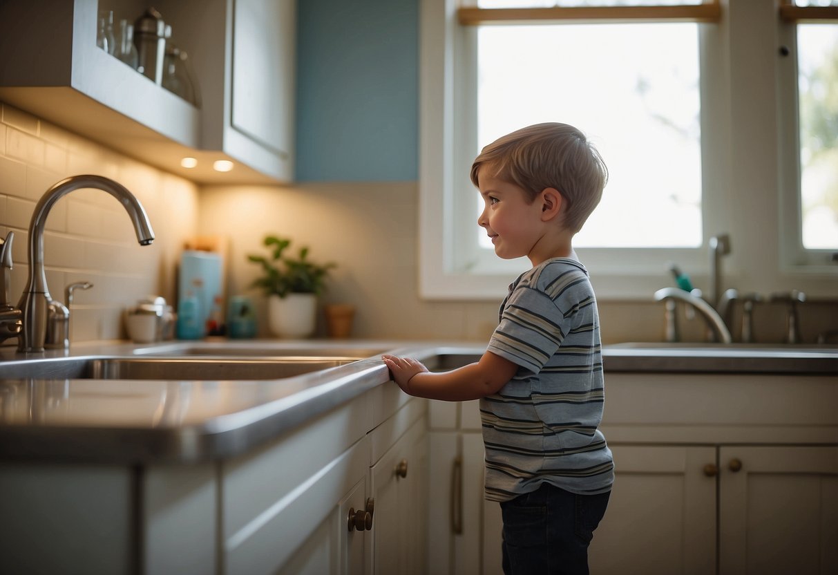 A child stands at a sink, confidently washing their own hands. A parent watches nearby, offering gentle guidance and praise. The child's face lights up with pride as they complete the task independently